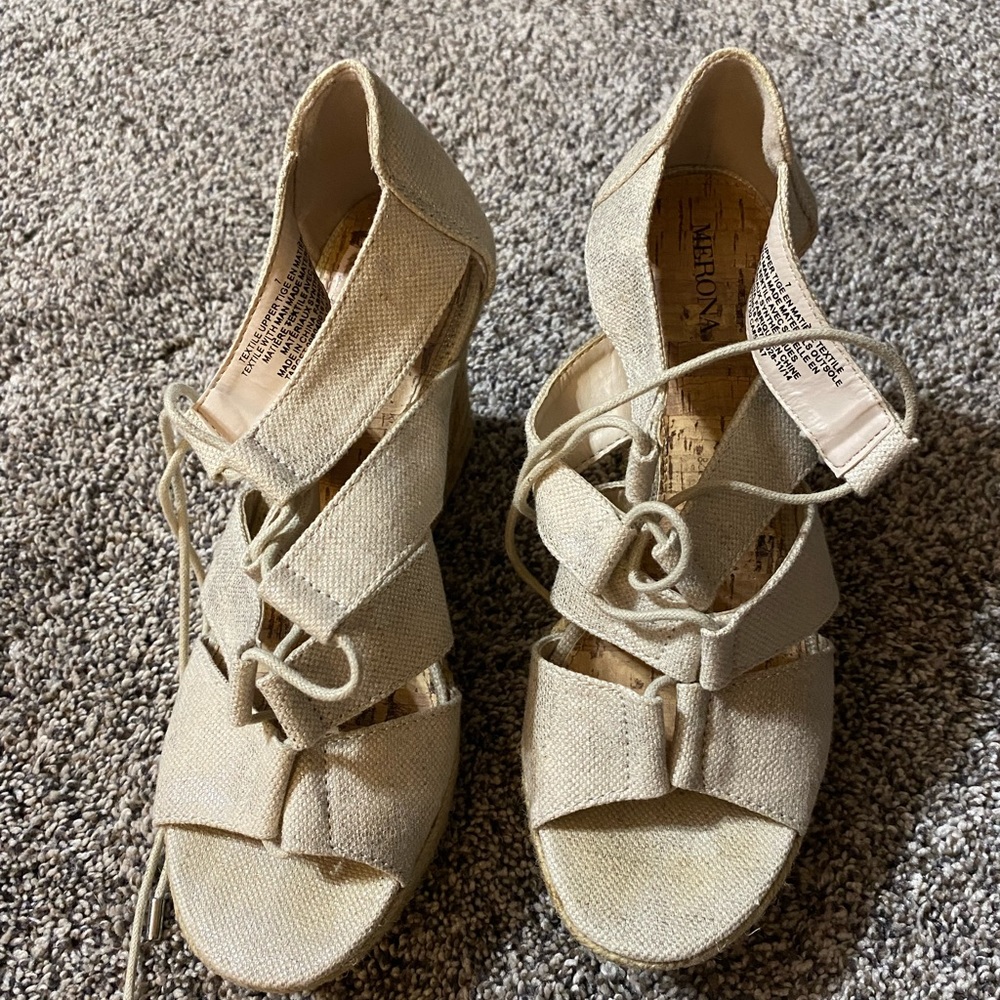 Merona (target brand) wedged heel. Worn once. Neutral color with shimmer
